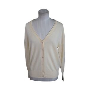 AYR The Airport Cardigan Sweater S Cream Merino Wool Blend V-Neck Button Front